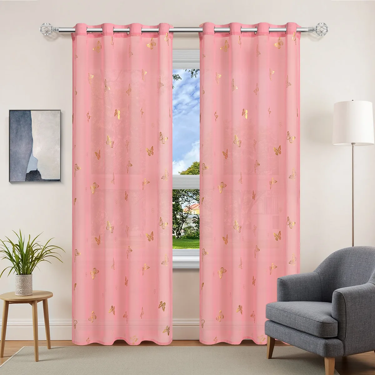Curtain Pink Butterfly Sheer Window Curtains for Girl Bedroom Soft Grommet Top Drape Living Room Decor Kawaii 2 Panels 95 Inches