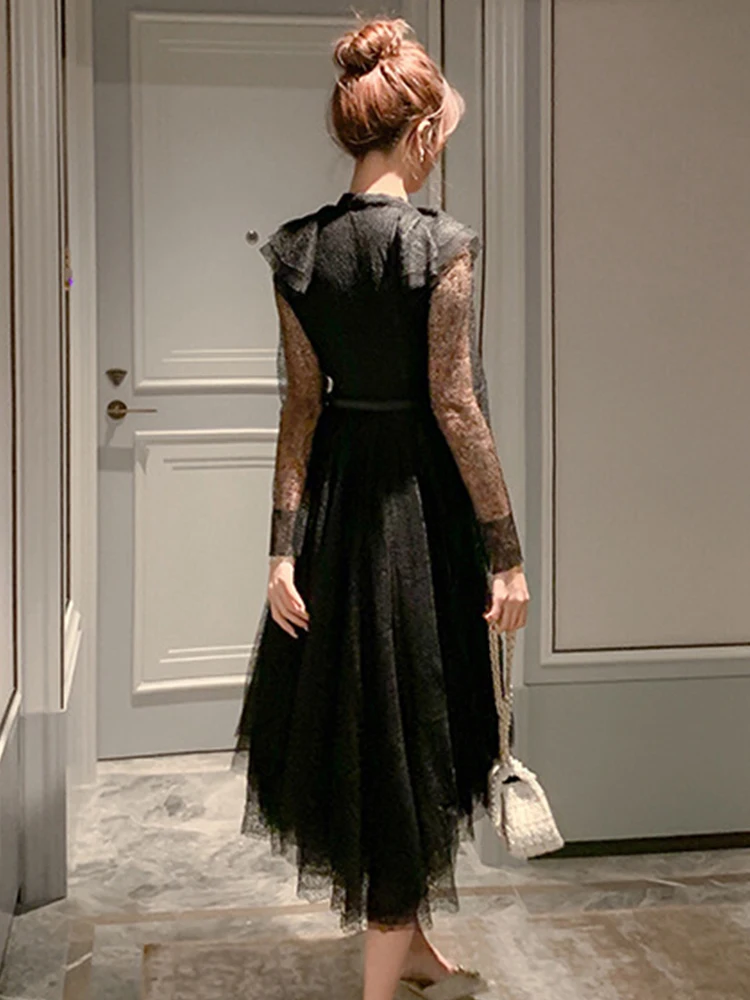 Women's French Midi Dress Elegant Sexy Black Sheer Mesh Lace Long Sleeve  Belt Swing Robe Female Party Street Holiday Vestidos - AliExpress 200000345