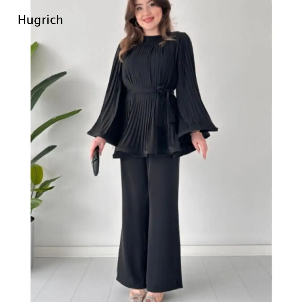 Pleated Round Neck Flare Sleeve Belted Tunic Top Matching High Waist Wide Leg Trousers Solid Black Women Two Piece Set