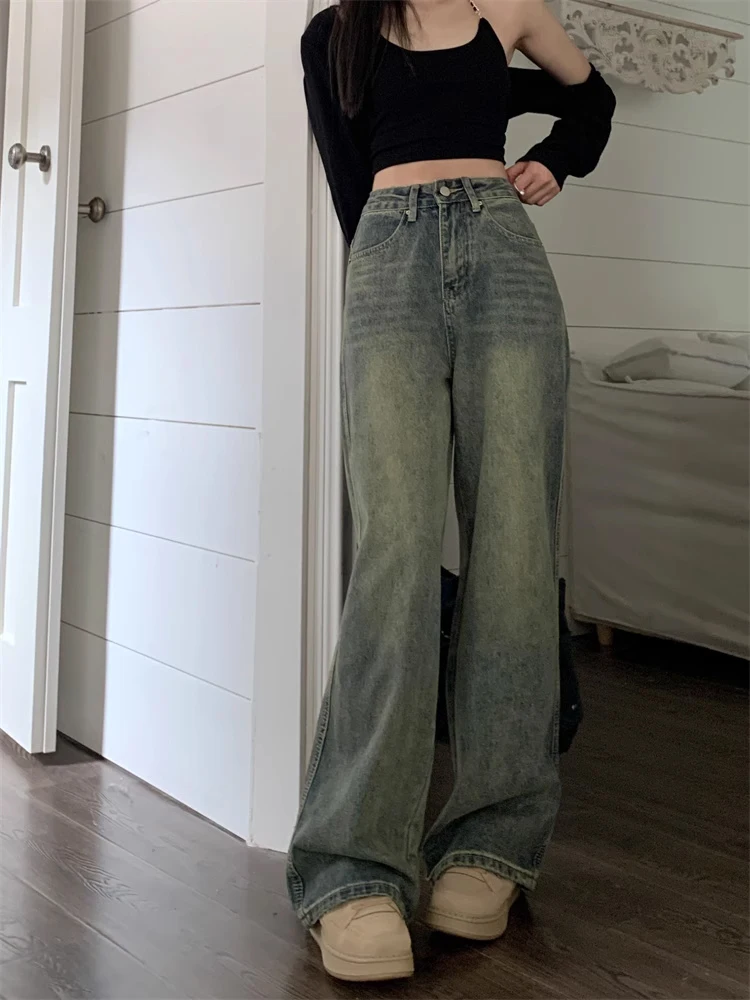 Damskie jeansy retro w stylu amerykańskim Waed, luźne spodnie z szerokimi nogawkami, proste, długie do ziemi, z wysokim stanem.
