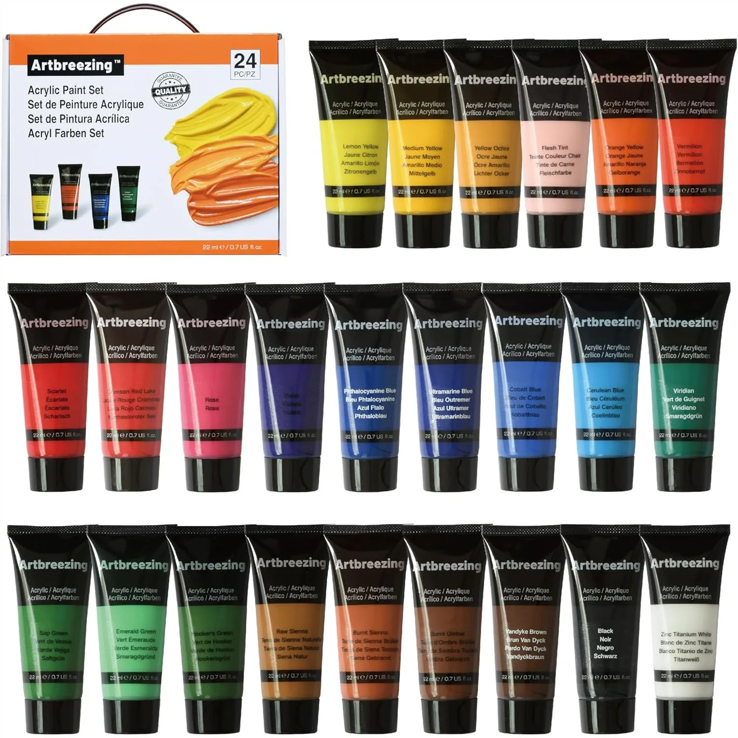Juego de Pinturas Acrílicas, 24 Colores en Tubos de 0.74 oz, Pinturas Artísticas Altamente Pigmentadas para Lienzo, Madera, Tela, Papel
