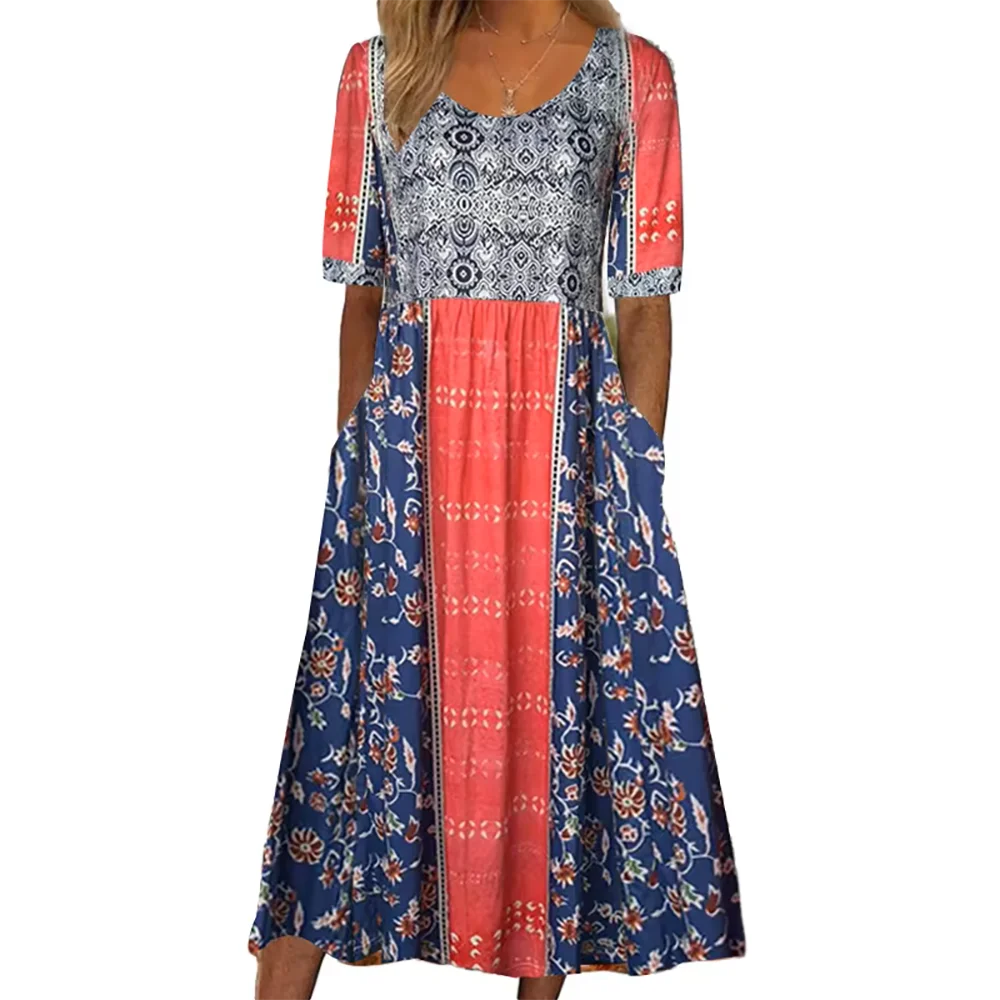 2026 Sommer Neues Damenkleid mit Rundhalsausschnitt, Kurzen Ärmeln und Langem Rock im Boho-Stil für Europa und die USA – Detail 6