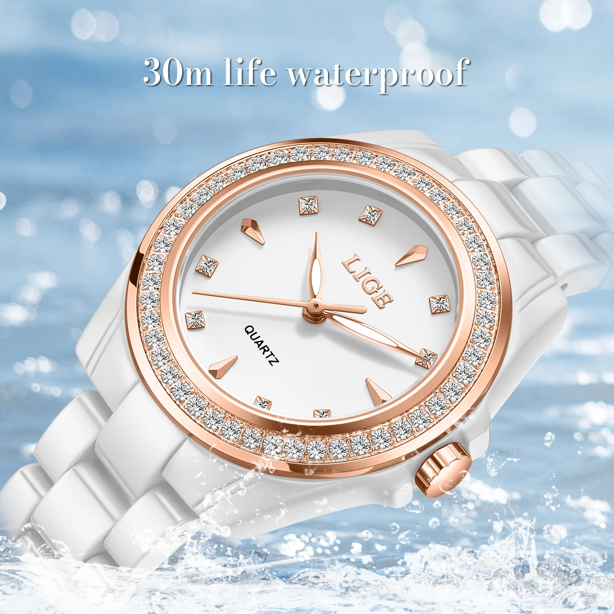LIGE New Elegant Women Watches Diamond Dial Ceramic Quartz Watch for Women Fashion Ladies Watches Ceramic Women's Wristwatch