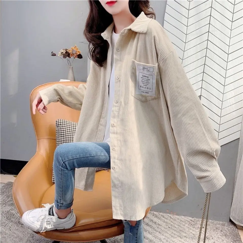 Corduroy Shirt Jacket Female Spring Autumn Students Korean Loose Fashion Outdoor Wear Retro Hong Kong Style Long Sleeved Top