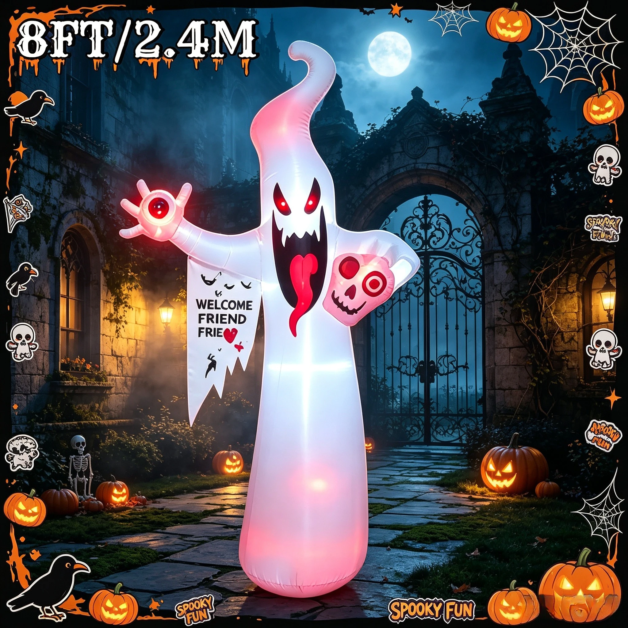 8FT Yard Lawn Garden Party Supplies Halloween Outdoor Standing Screaming Ghost Waterproof Inflatable Prop with Built-in LED