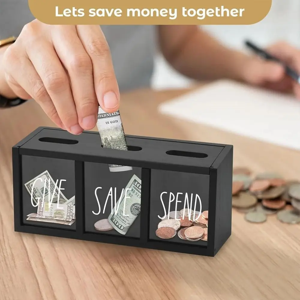3 Compartments Wooden Money Saving Box Wall-Mount Design Large Capacity Saving Money Jar Clearly Visualized Decorative