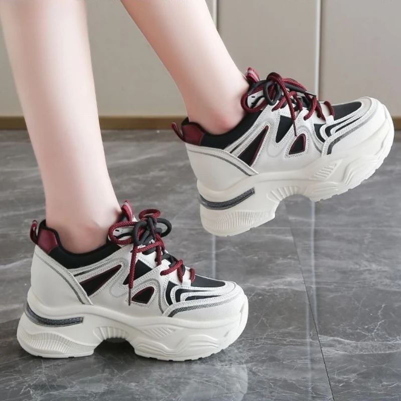 

Petal Thick Sole Sneakers for Petite Women Autumn Winter Height Increasing Shoes Slimming Effect Non Slip Sole Genuine Leather