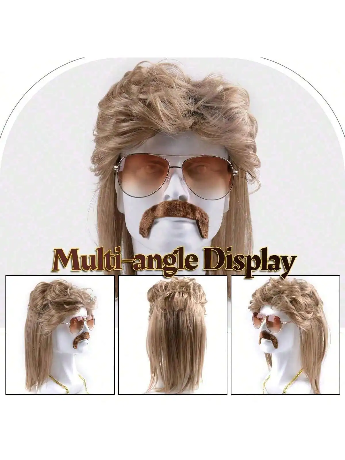 Mullet Wig 80s 90s Outfit Accessories Men,Blond Men\'s Heat Resistant Synthetic Hair Wigs Wig Sunglasses Necklace Headscarf