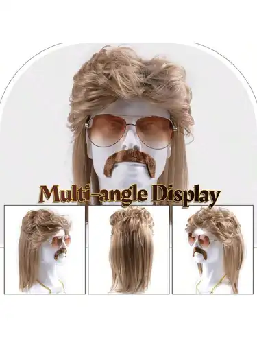 Imagen 2 del producto Peluca de salmonete de los años 80 y 90, accesorios de atuendo para hombres, pelucas de pelo sintético resistentes al calor para hombres rubios, peluca, gafas de sol, collar, pañuelo para la cabeza