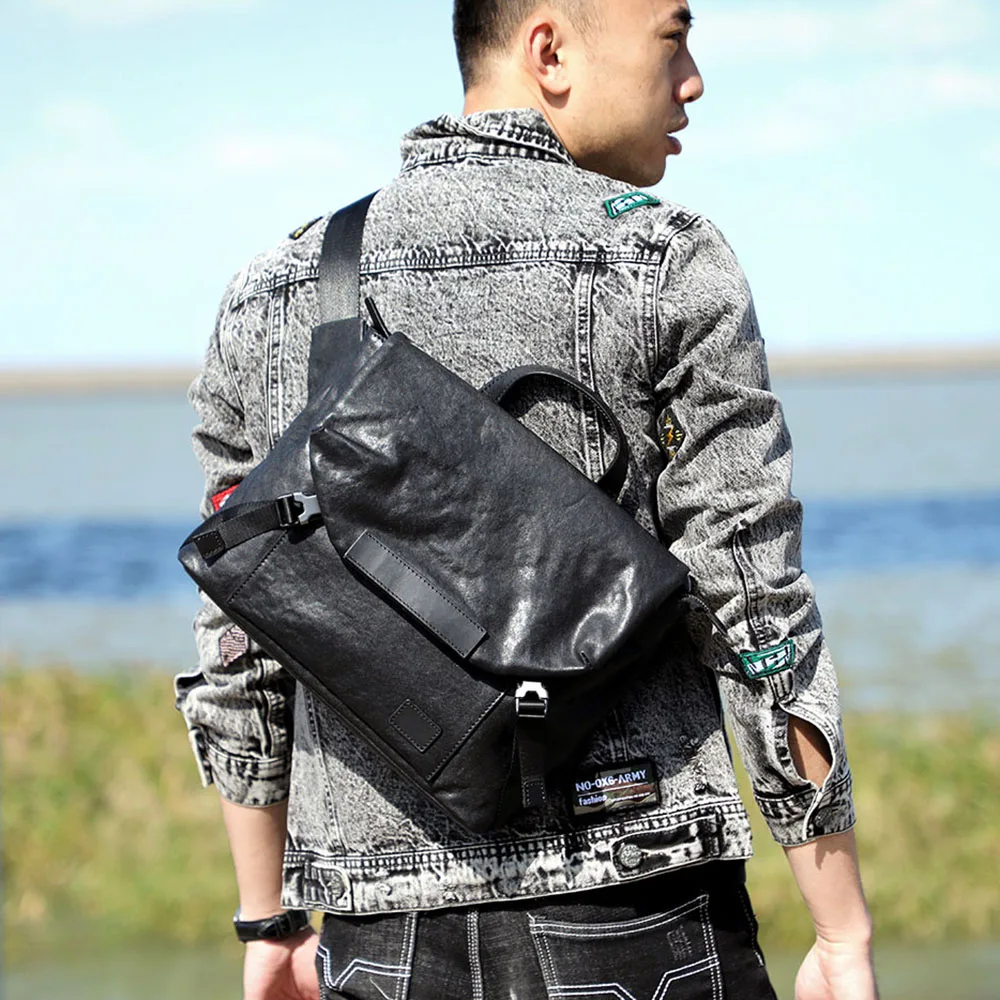 S.WORKER Herren-Umhängetasche aus Vollnarbenleder | Modische Umhängetasche, Crossbody-Tagesrucksack – Detail 5