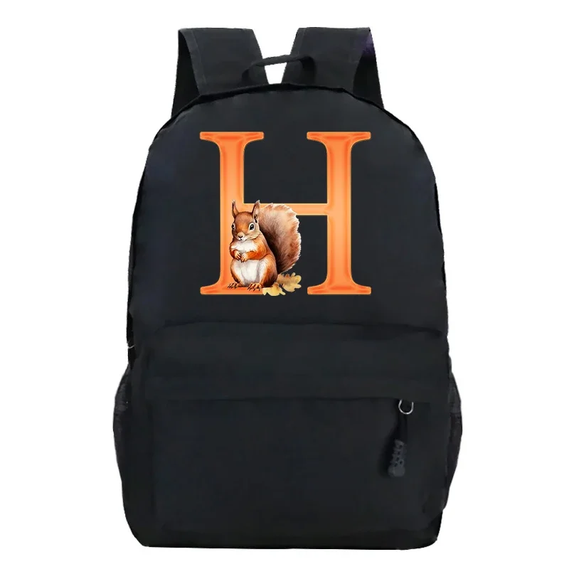 Letter Print Cartoon Squirrel Canvas Backpack for Girls Boys Orange 26 Alphabet College School Travel Bags Women Men Bookbag