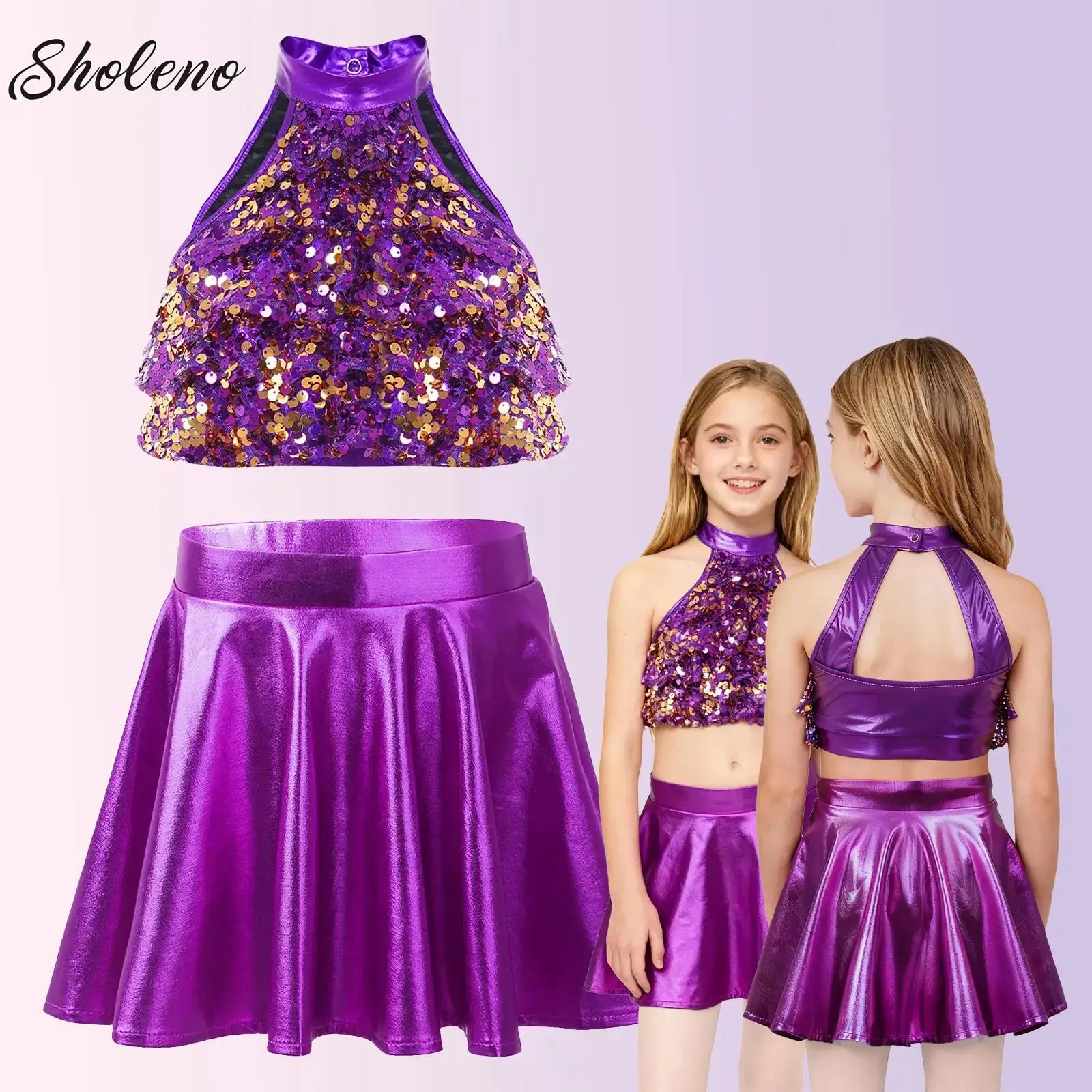 Crianças meninas lantejoulas moderno jazz dança latina ballet vestido palco desempenho traje de dança roupas topo colheita + saia conjunto dancewear