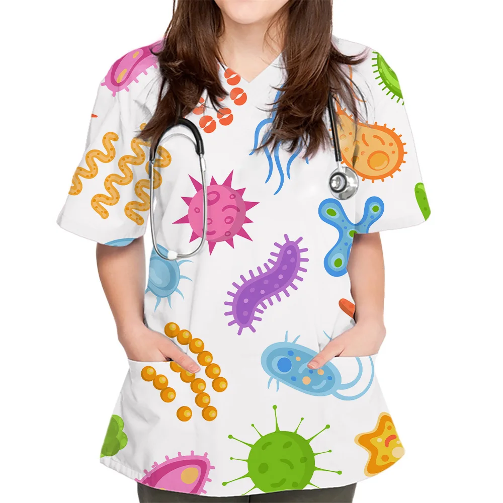 Tops con estampado de bacteriograma para mujer, ropa de belleza delgada, uniforme médico de laboratorio y Spa, a la moda, farmacéutico y enfermera veterinaria, novedad