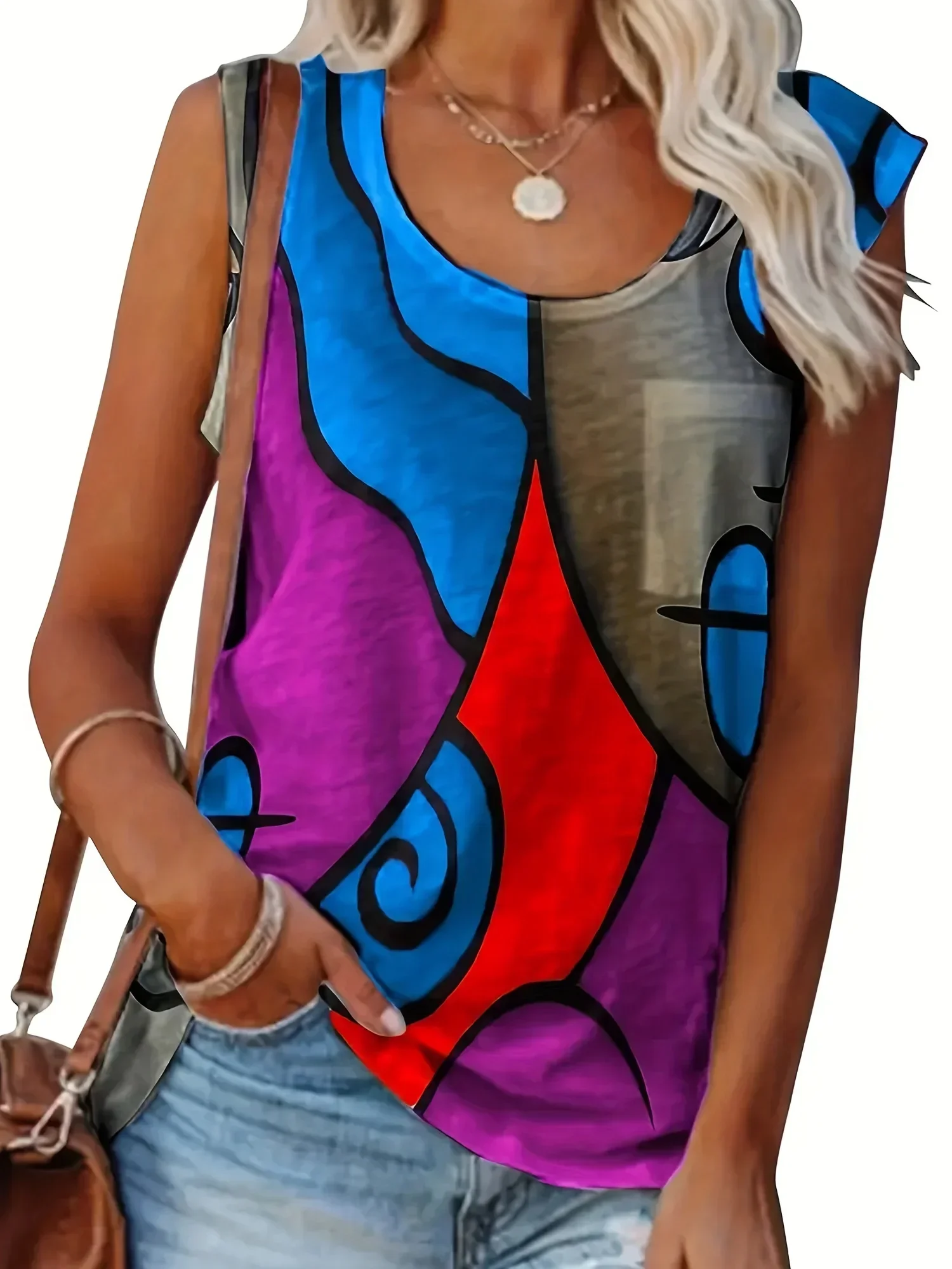 Damska koszulka bez rękawów Plus Size 1XL-8XL Fashion Ladies Casual Crew Neck Summer Colorblock Print Vest Tank Top