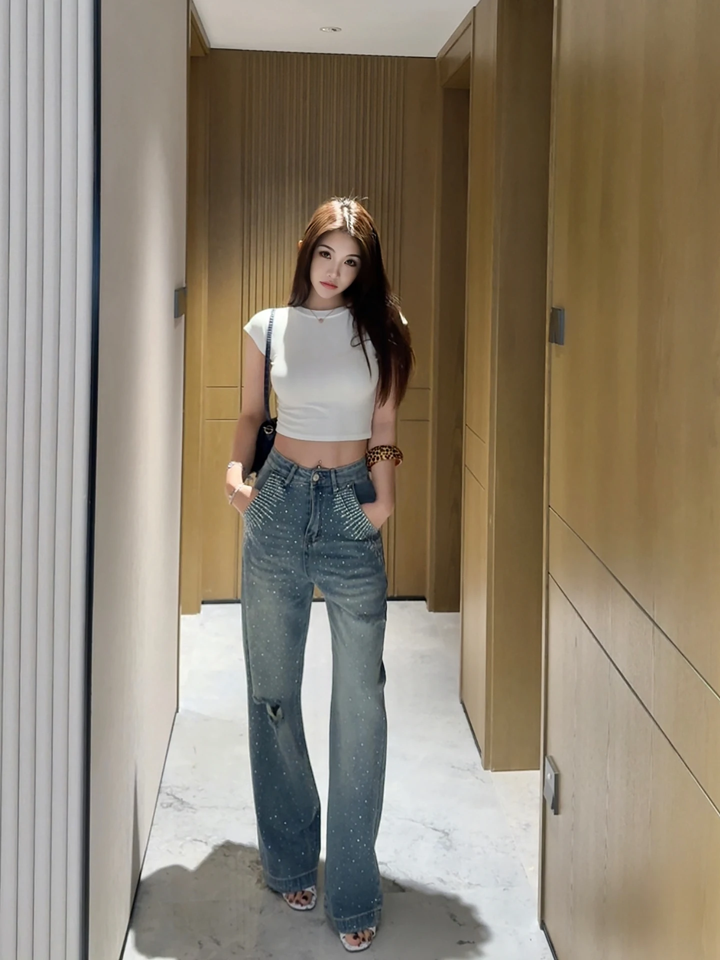 

Джинсы PiRui с высокой талией и расклешенным низом, женские, свободного кроя, из денима, с рваным узором «Звездное небо», осенняя коллекция