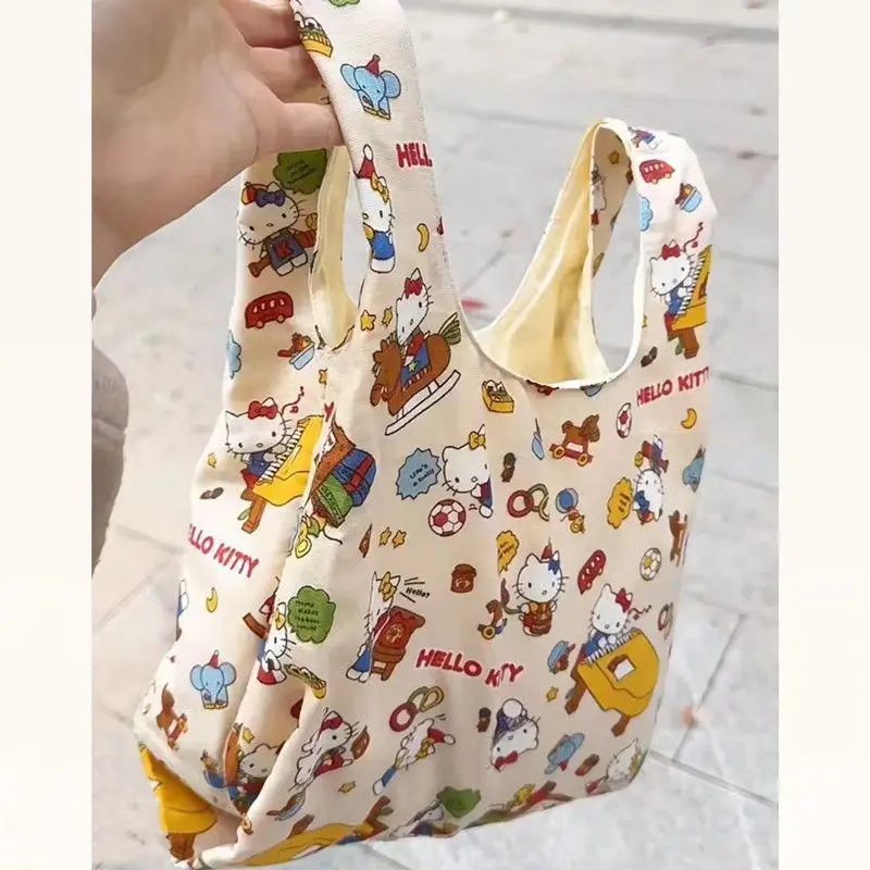 2024 New Hello Kitty Canvas Handbag Kawaii Sanrio Anime Cartoon Shoulder Bag Large Capacity Student Book Storage Bag Girl Gifts