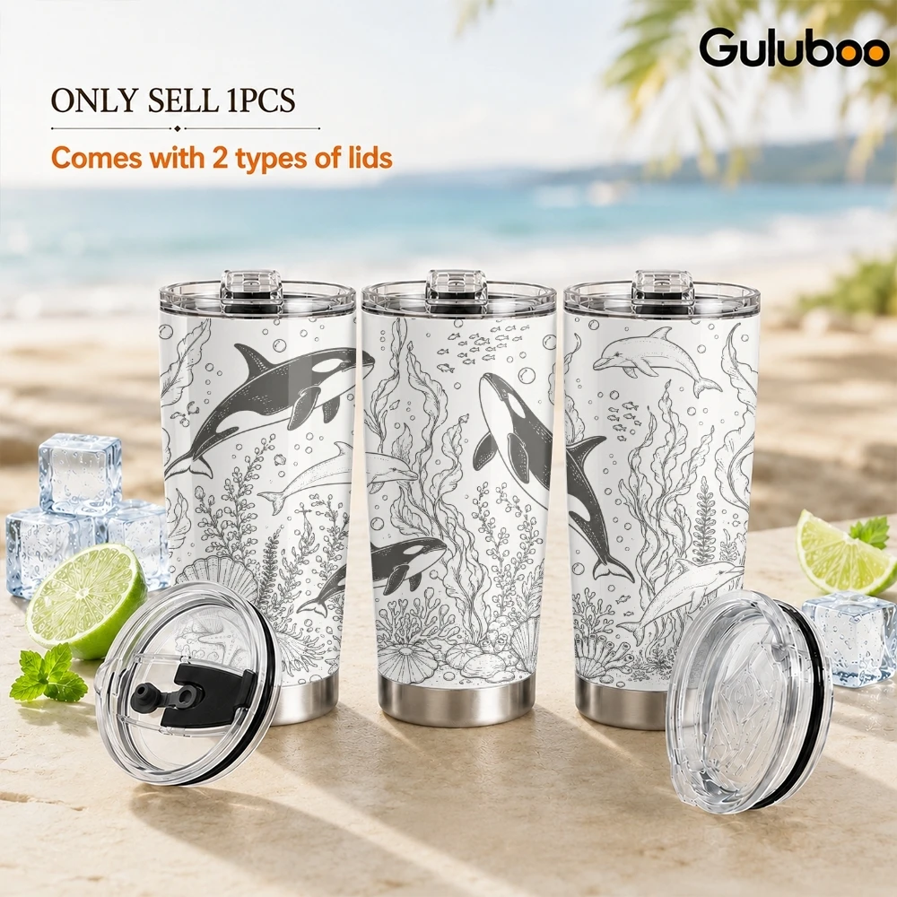 Underwater line art Vacuum Flasks 20oz Stainless Steel Insulated Tumbler Double Wall Travel Mug with 2 Lids Straw Drink Cup
