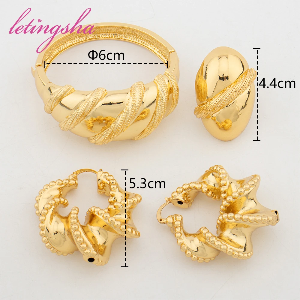 Fashion Round Bangle with Ring Dubai Hoop Earrings for Women African Gold Color Jewelry  Set Wedding Party Gift Accessories