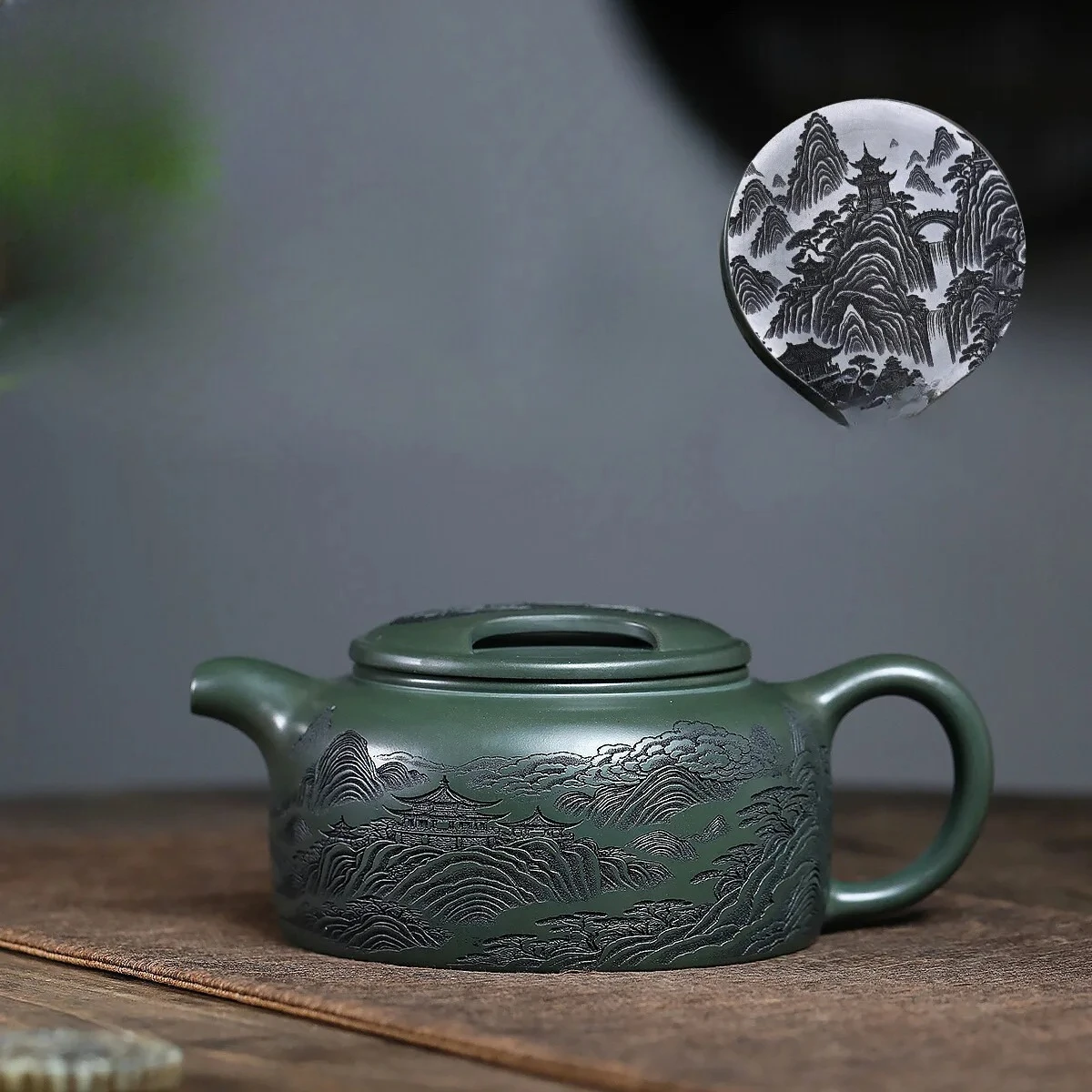 

700ml Yixing Purple Clay Teapots Handmade Landscape Cattle Lid Pot Raw Ore Blackish Green Mud Tea Infuser Kettle Zisha Tea Set