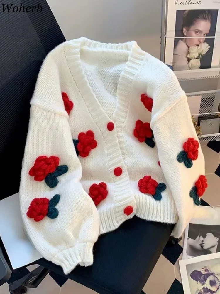 

Cropped Cardigan Coat Women Autumn Clothing Pull Femme V-neck 3D Floral Vintage Sueter Mujer Chic Korean Knitted Sweater Tops