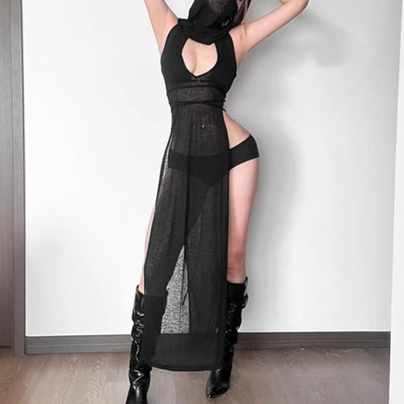 

2024 New Gavestis Sexy Bodycon Dress Fashion Hollow Out High Waist Mini Dresses See Through Slit Women Dress Sleeveless Clothes