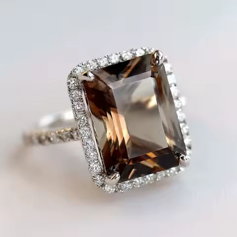 SGARIT Simple and Elegant Emerald-Cut Tea Crystal Ring Sterling Silver 925 Wedding Ring Holiday Gifts Jewelry for Women