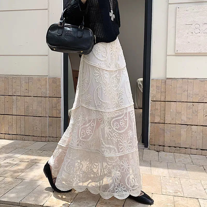 

Embroidered Crocheted Skirt Female French Lace Jacquard Spliced A Line Fairy Gauze Dress Elegant Vintage Women Summer Spring