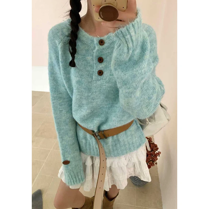 Moda botão guarnição oversized camisola de malha feminina coreano muti-cor macio o-pescoço pullovers solto cor sólida all-match jumpers