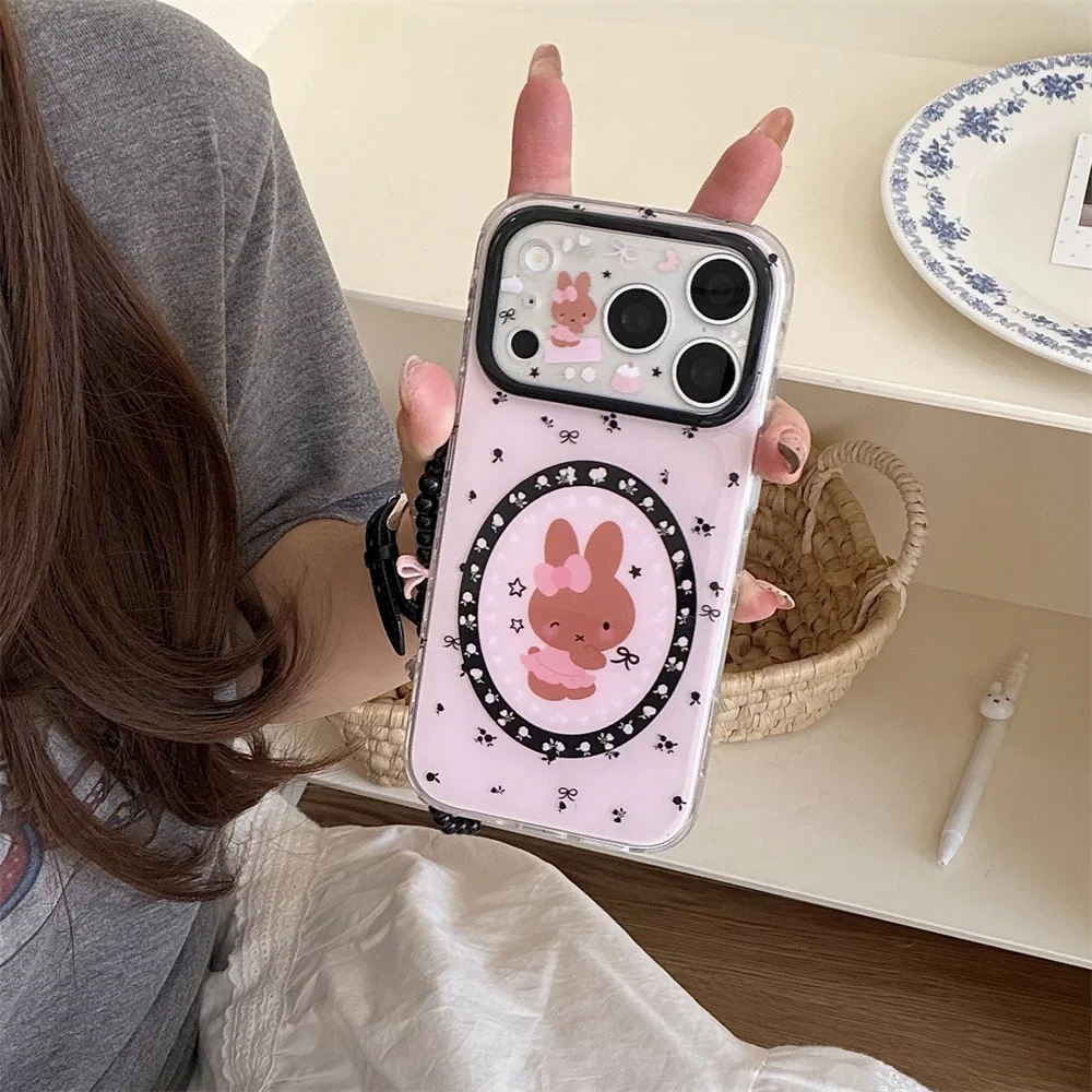 

Korean Bow Small Flower Phone case for iPhone 17 16 15 14 13 17 Pro Max 16 Pro Funda With Chain Cute Miffy Rabbit Silicone Cover