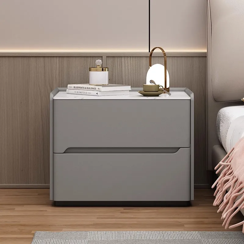 Solid Wood 40cm Nightstand with 2 Drawers Modern Style Leather Bedroom Bedside Table with Sintered Stone Top Storage Cabinet