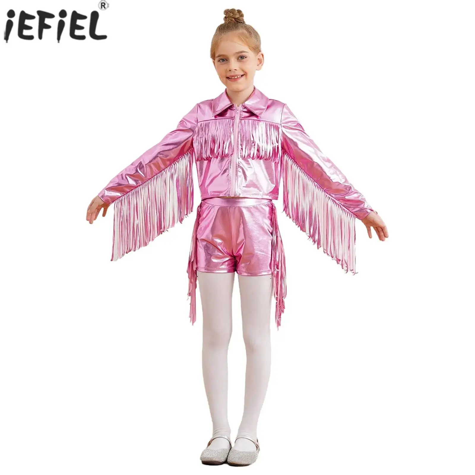 

Kids Girls Tassels Metallic Jazz Dance Outfits Long Sleeve Zipper Fringe Jacket with Shorts School Party Performance Streetwear