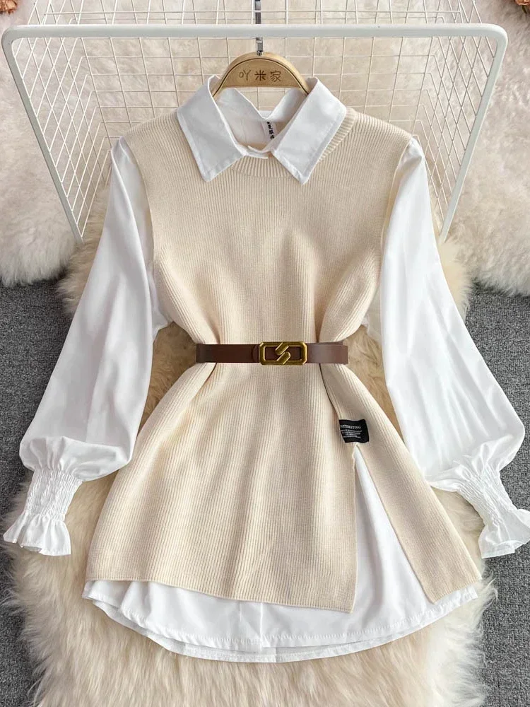 Pop New Spring Fashion Korean Office Lady Lapel Lantern Sleeves White Shirt +V-neck Knitted Vest Casual Two-piece Set Clothes Wo