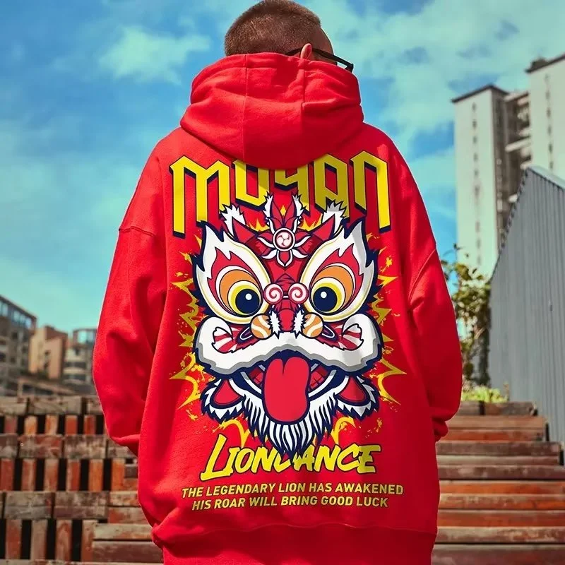 Good Luck Lion Dance Print Men Hoodies Casual Funny Fleece Loose Sweatshirts Oversized High Street Y2K Pullover Hoodie Clothes