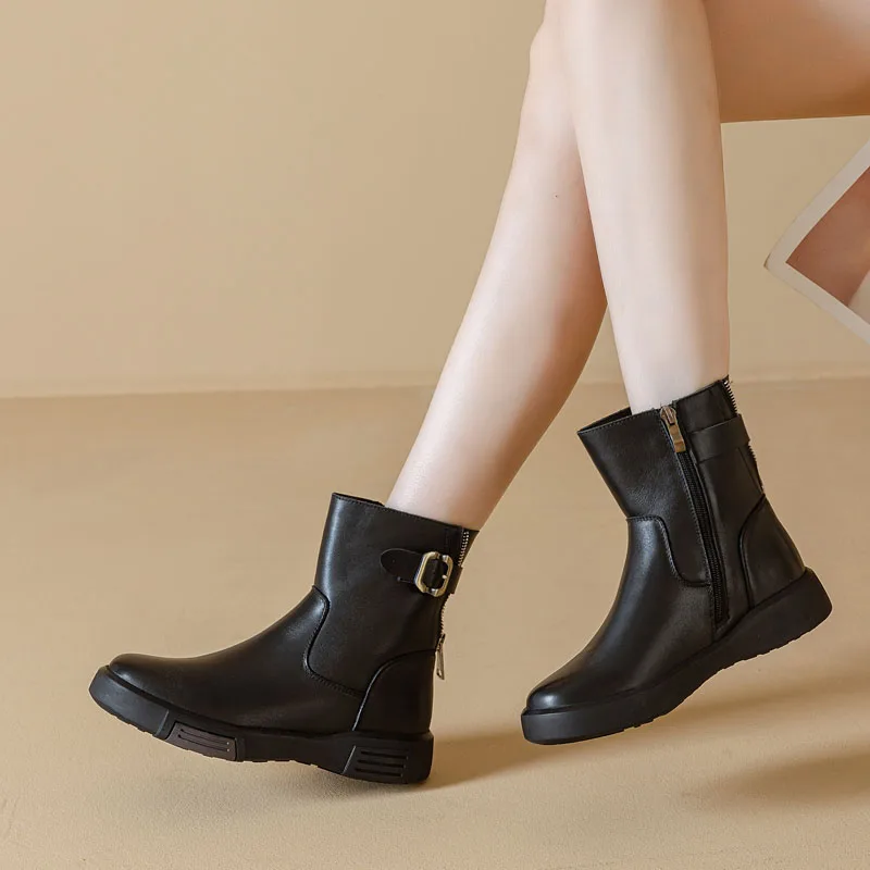 DRKANOL النساء منتصف العجل أحذية الخريف الشتاء تصميم جديد شقة جلد البقر الحقيقي جولة تو سستة منصة عادية أفخم الاتجاه الدافئ الأحذية #6