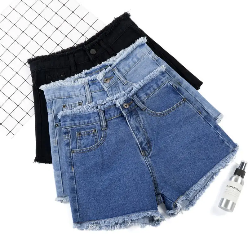 

2024 Summer Woman High Haist Jeans Shorts Fashion Rough-edges Denim Short Pants Schoolgirl Casual Pants Blue Black White Jeans