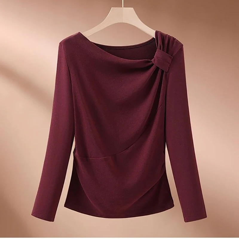 

Fashion Skew Collar Spliced Folds Blouses Women's Clothing Spring Autumn New Loose Solid Color Korean Tops Chic Shirts