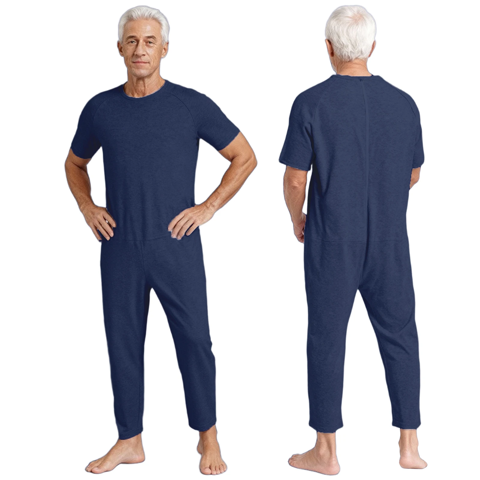 

Men Soft Adaptive Clothing Solid Color Short Sleeve with Back Zip-Up Jumpsuit for Adults Dementia Elderly and Special Needs