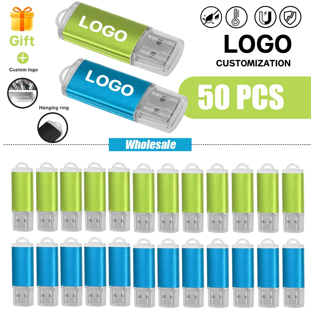 50pcs/lot Free Custom Logo Metal Pendrive 2gb 1gb Business Gifts USB 2.0 Flash Drive 128GB 64gb 4gb Memory Stick Publicity