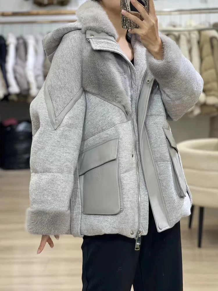 Fashion Women Winter Cashmere Wool Goose Down Jacket Natural Real Mink Fur Collar Long Thick Female Outwear Coat Puffer Jackets