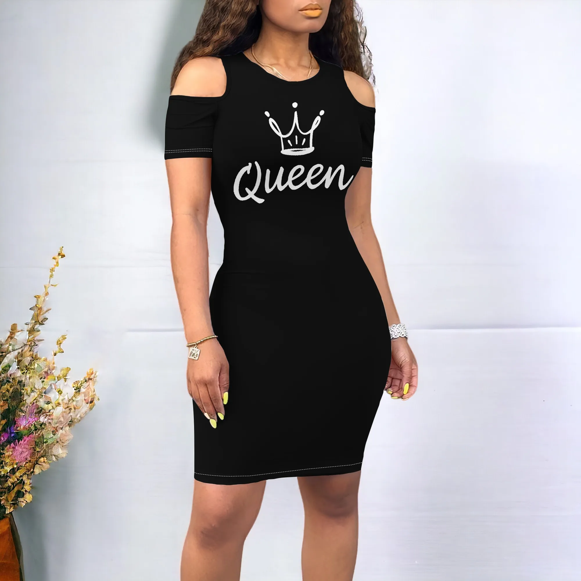 

Black Queen Print Bodycon Dress S-3XL Cold Shoulder Short Sleeve Club Dress for African American Women