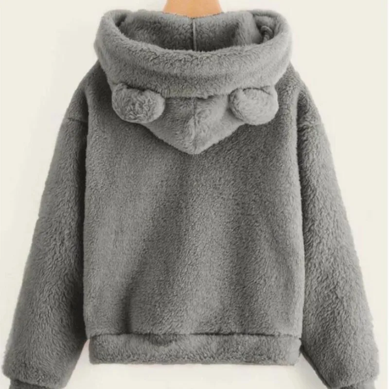 Autumn Winter Women\'s Hoodie Pullover Solid Long Sleeve Fleece Sweatshirt Warm Bear Shape Fuzzy Hoodies Sweater Pullovers Female