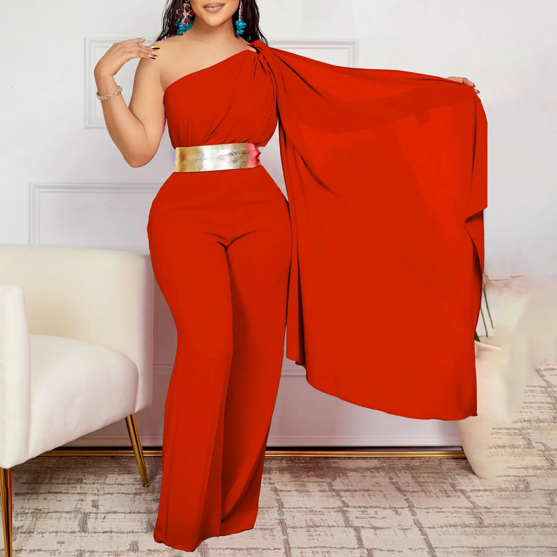 Summer Fashion Off Shoulder Jumpsuit Women Elegant Slant Neck Single Sleeve Belt Wide Leg Chiffon Jumpsuit African Women