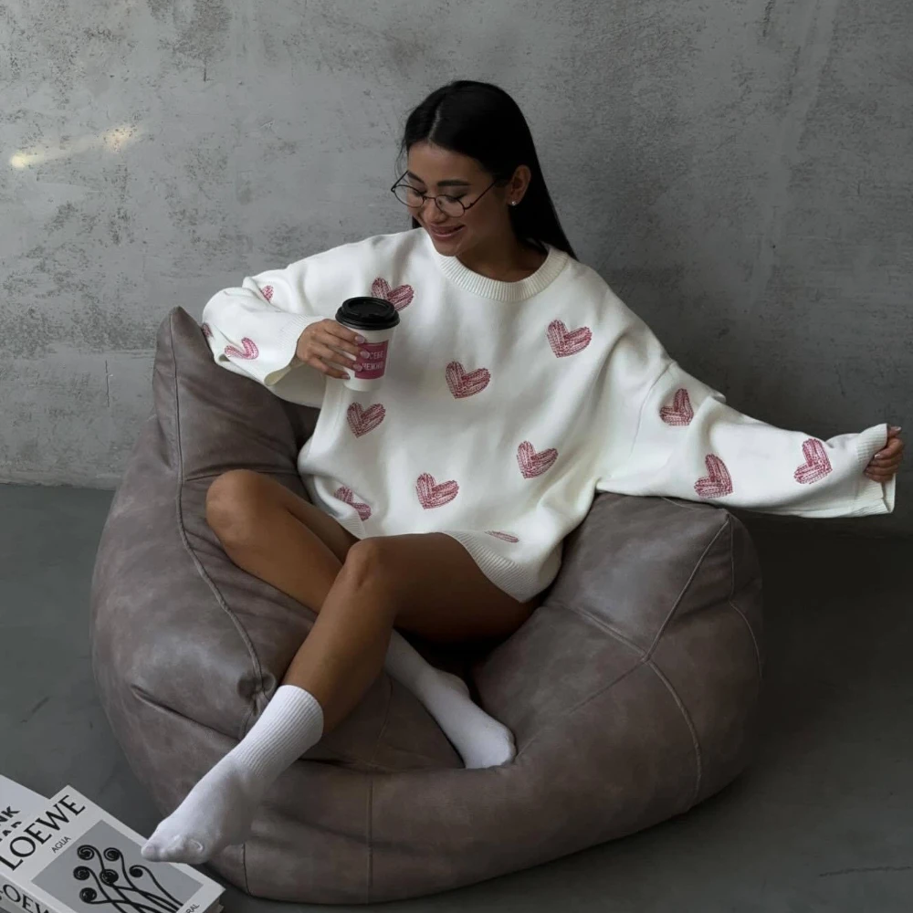 

Yaminiya 2025 Autumn/Winter Fashion Loose Round Neck Long Sleeve Women's Sweater Love Color Knitted Warm Hoodie Pullover New