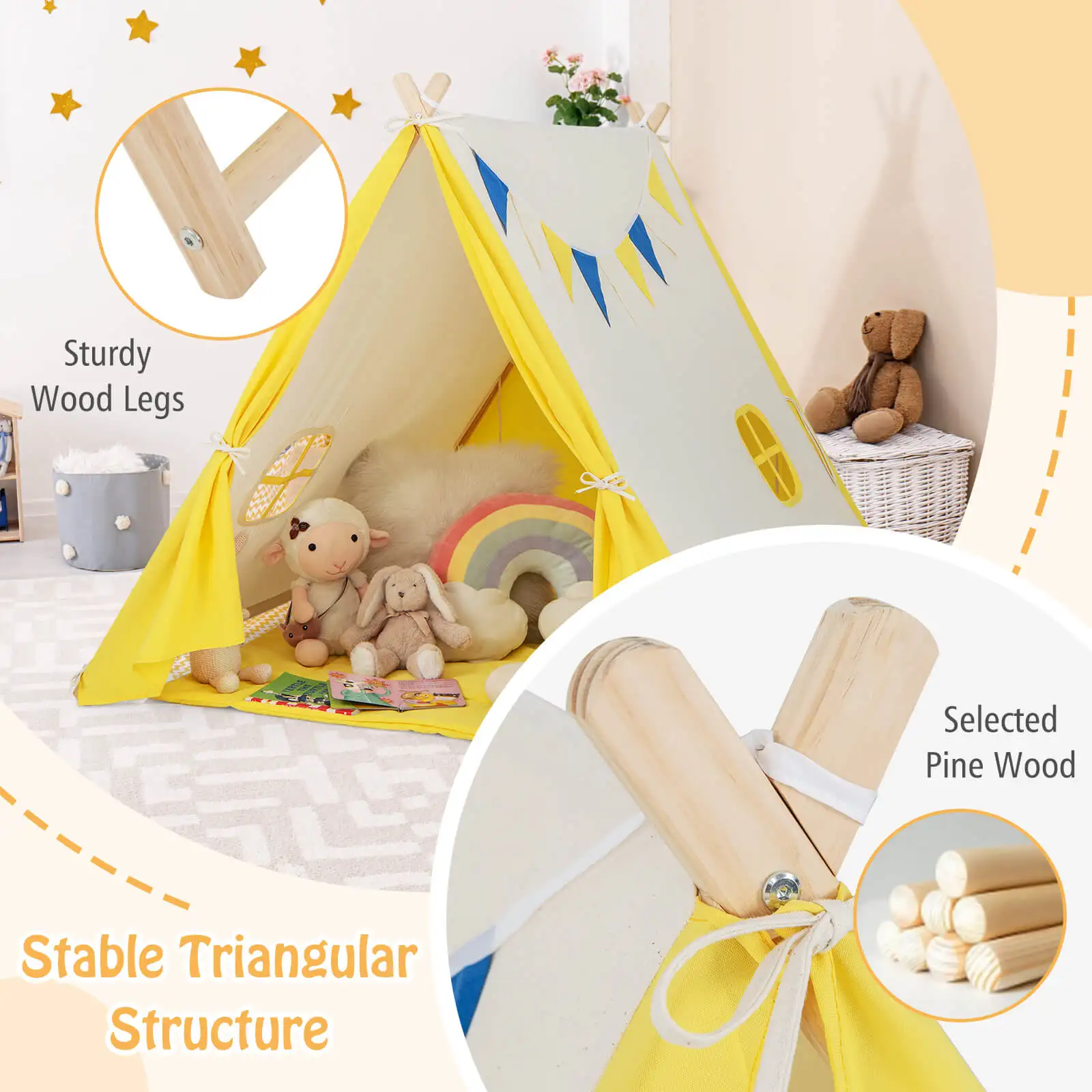 Tente de jeu pour enfants, tente triangulaire pour enfants et tout-petits avec cadre en bois massif beige