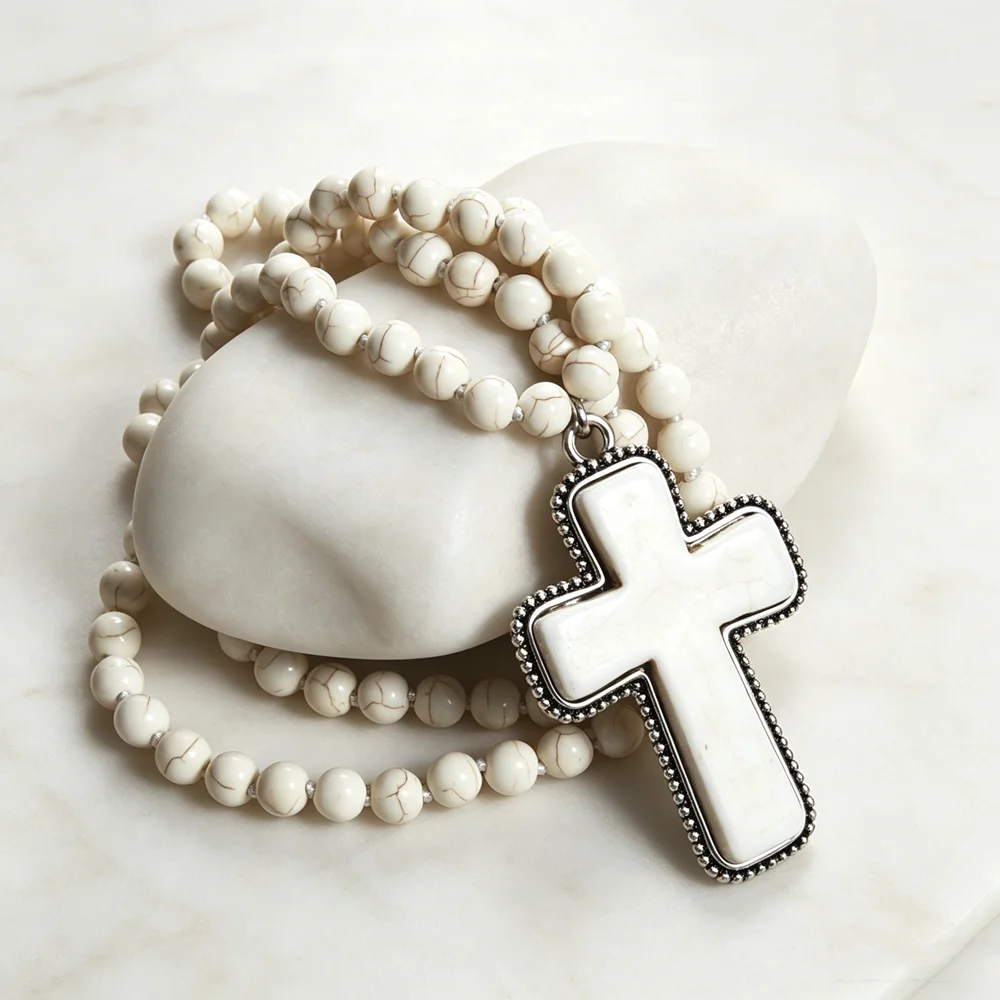 Retro Off-White Howlite Cross Long Beaded Necklace, Hypoallergenic Unisex Boho Fine Jewelry, Easter Birthday Anniversary Gift