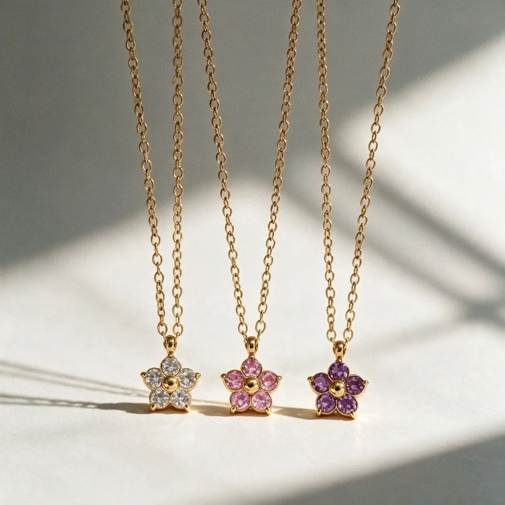 Hypoallergenic Blossom Pendant Necklace Tarnish Resistant 304 Stainless Steel Flower Pendant Necklace Multicolour Cubic Zirconia