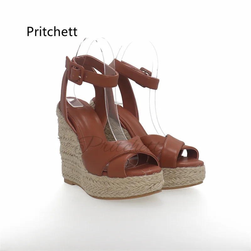 

Brown Leather Wedge Espadrille Sandals for Women Sexy Cross Design Concise Casual High Heels Platform Summer Women's Shoes