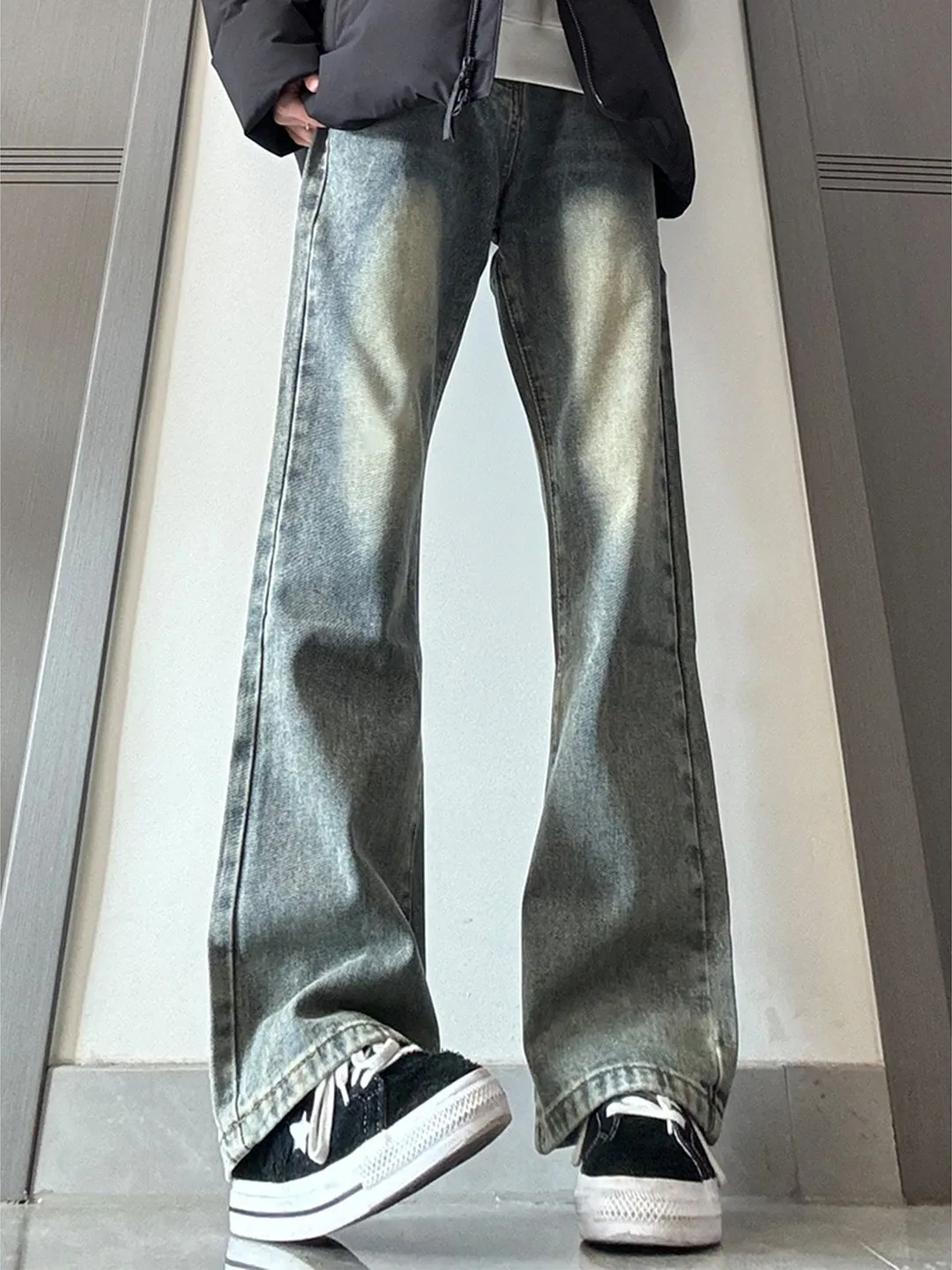 

Retro Blue Slim Fit Bell Bottom Jeans Men's Autumn Winter Fleece Lined American High Street Straight Leg Pants