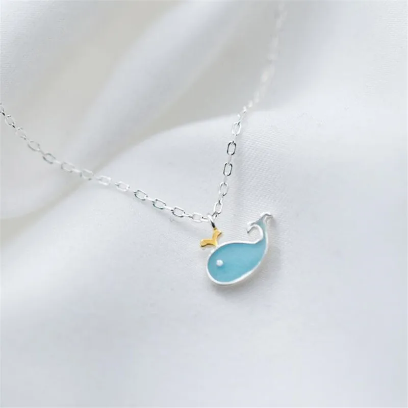 

New Fashion Temperament Popular Sweet Animal 925 Sterling Silver Jewelry Blue Little Whale Dolphin Fish Women Necklaces XL194