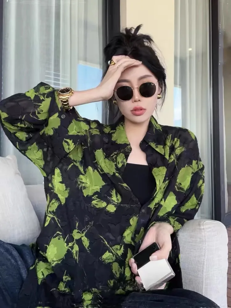 

Retro loose fitting long sleeved black slightly transparent sunscreen shirt for women's summer 2024 Hong Kong style chiffon top